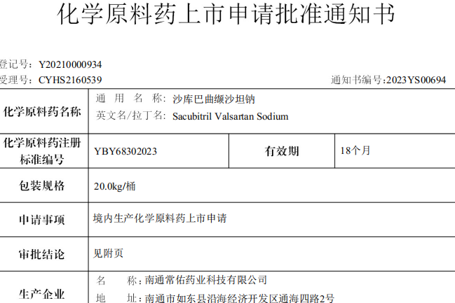 尊龙凯时有限公司原料药沙库巴曲缬沙坦钠在国内获批上市